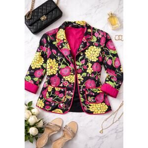 236 NY Collection XL Floral Blazer Black Pink Yellow Stretch Lined Jacket